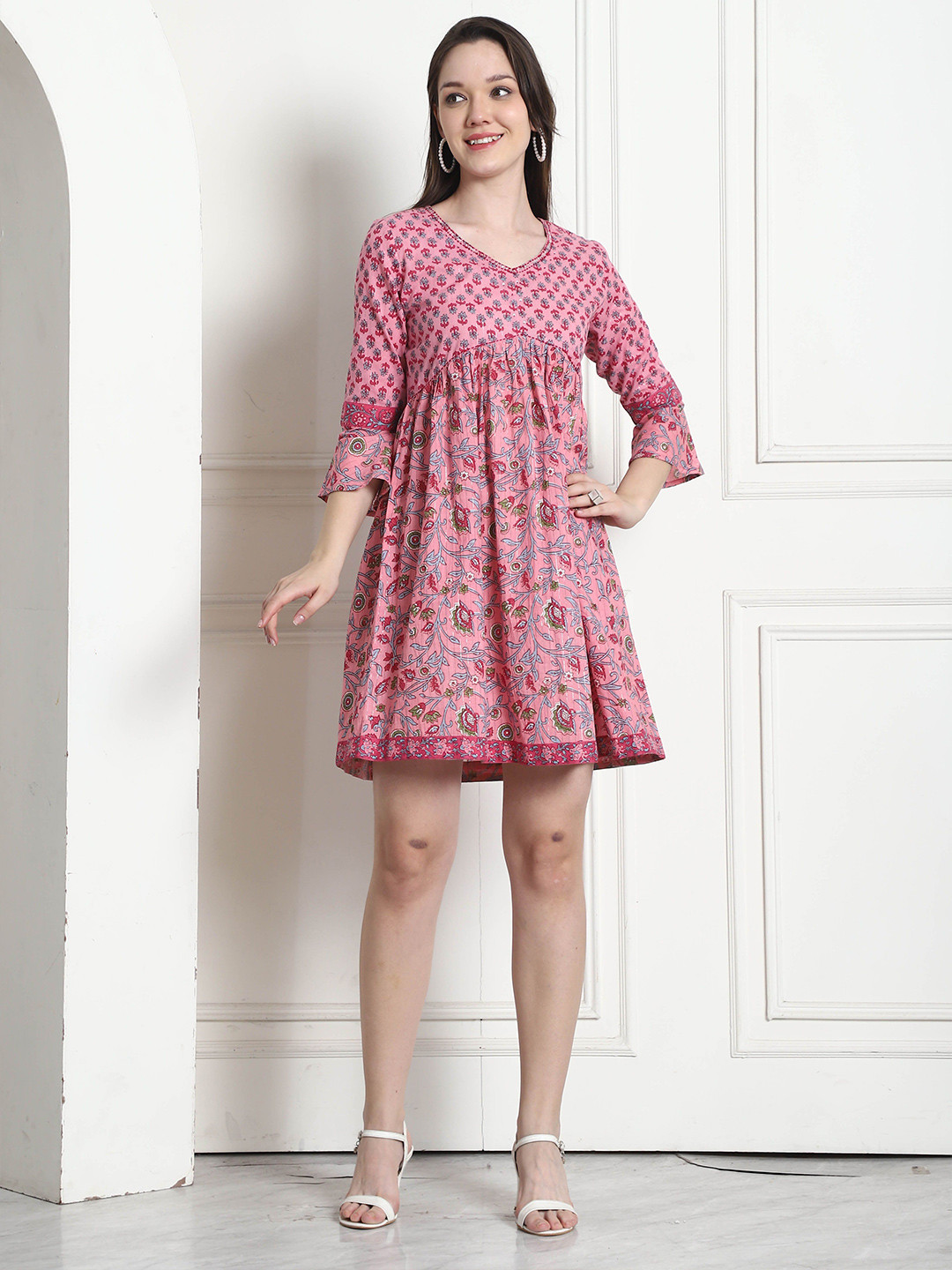 KALINI Floral Printed V-Neck Pure Cotton A-Line Dress