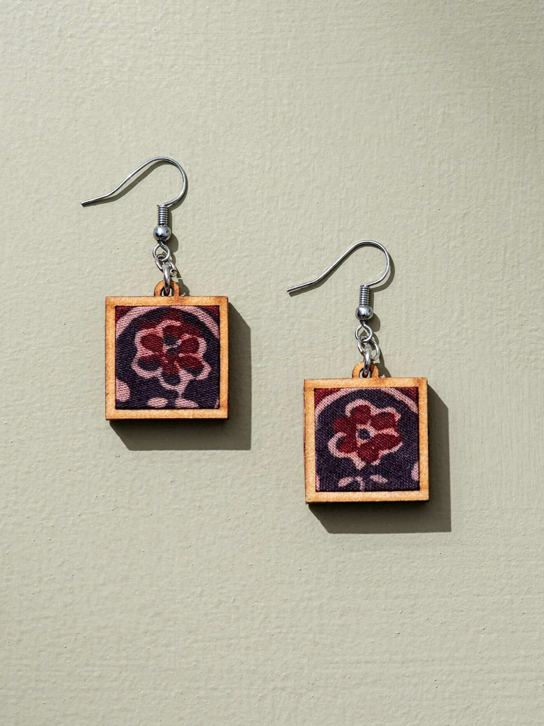 WHE Upcycled Ajrakh Fabric and Repurposed Wood Square Drop Earrings
