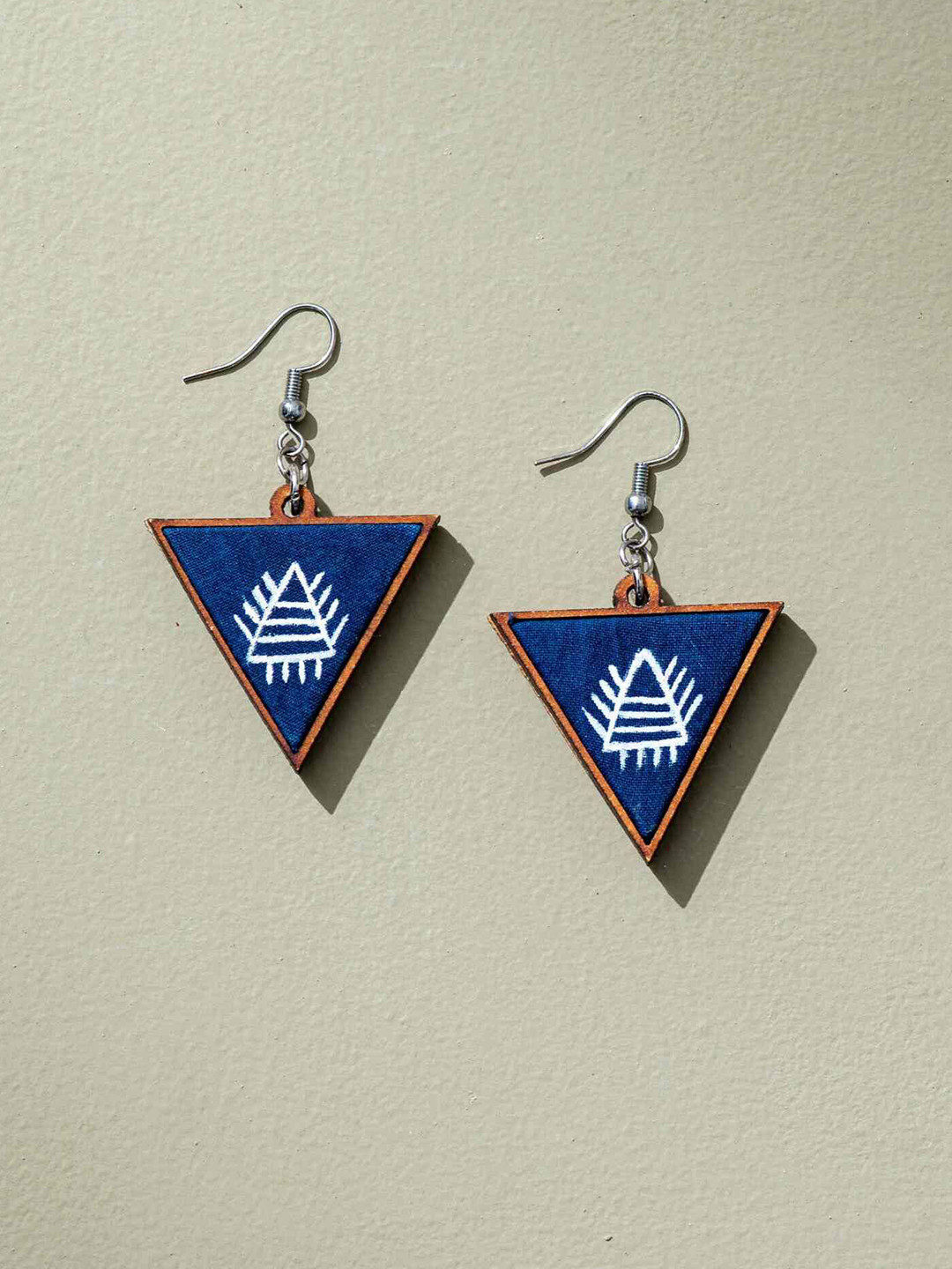 WHE Upcycled Fabric And Repurposed Wood Triangular Drop Earrings