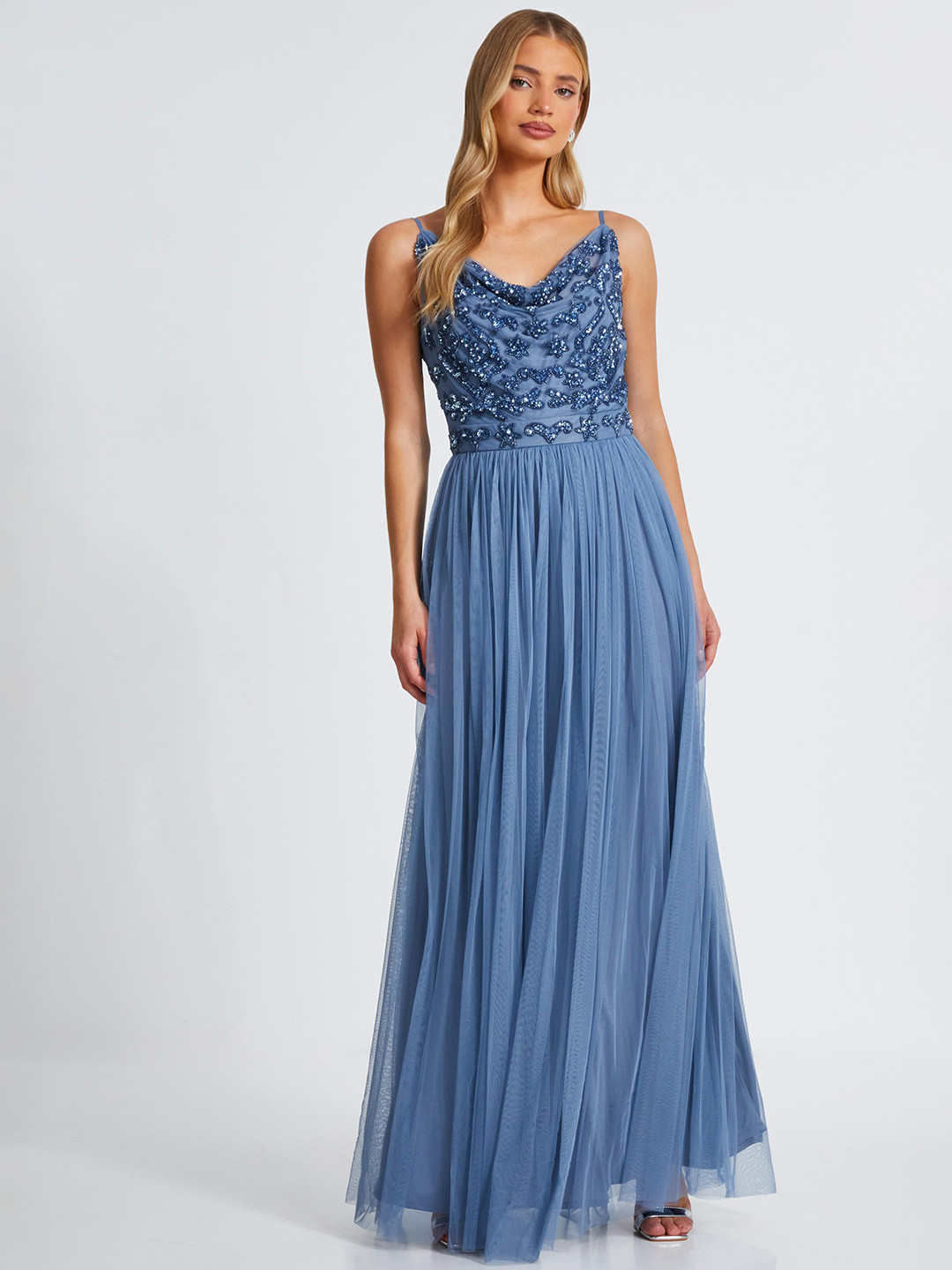 QUIZ Women Cowl Neck Beaded Mesh Maxi Dress