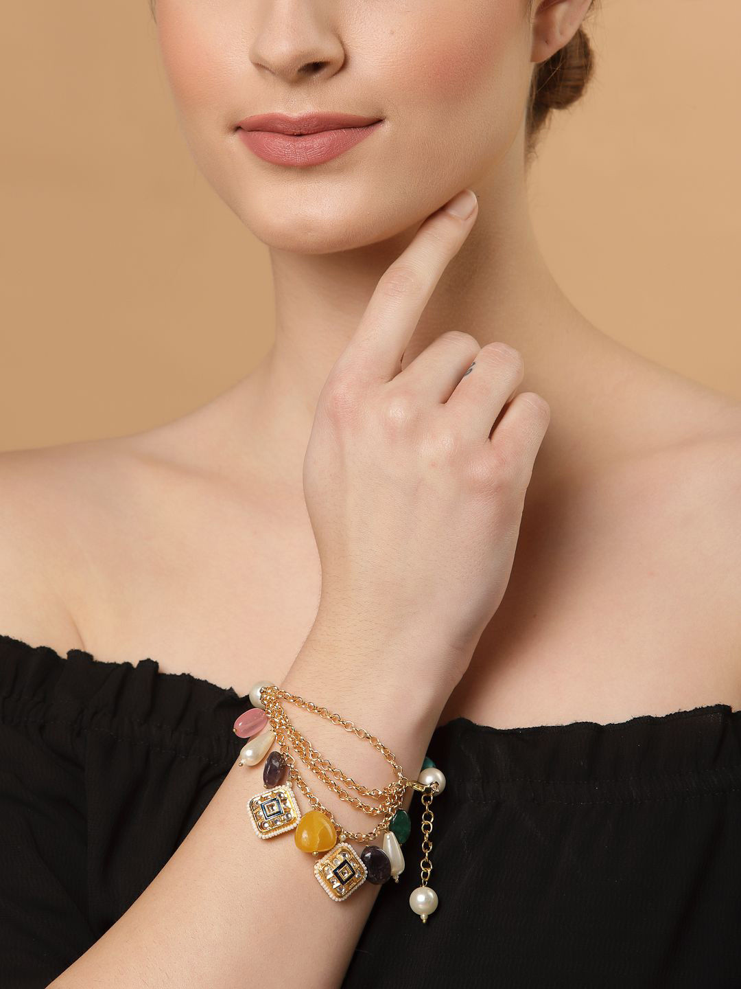 DUGRISTYLE Cobalt Elegance Gold-Plated Pearls Beaded Multistrand Bracelet