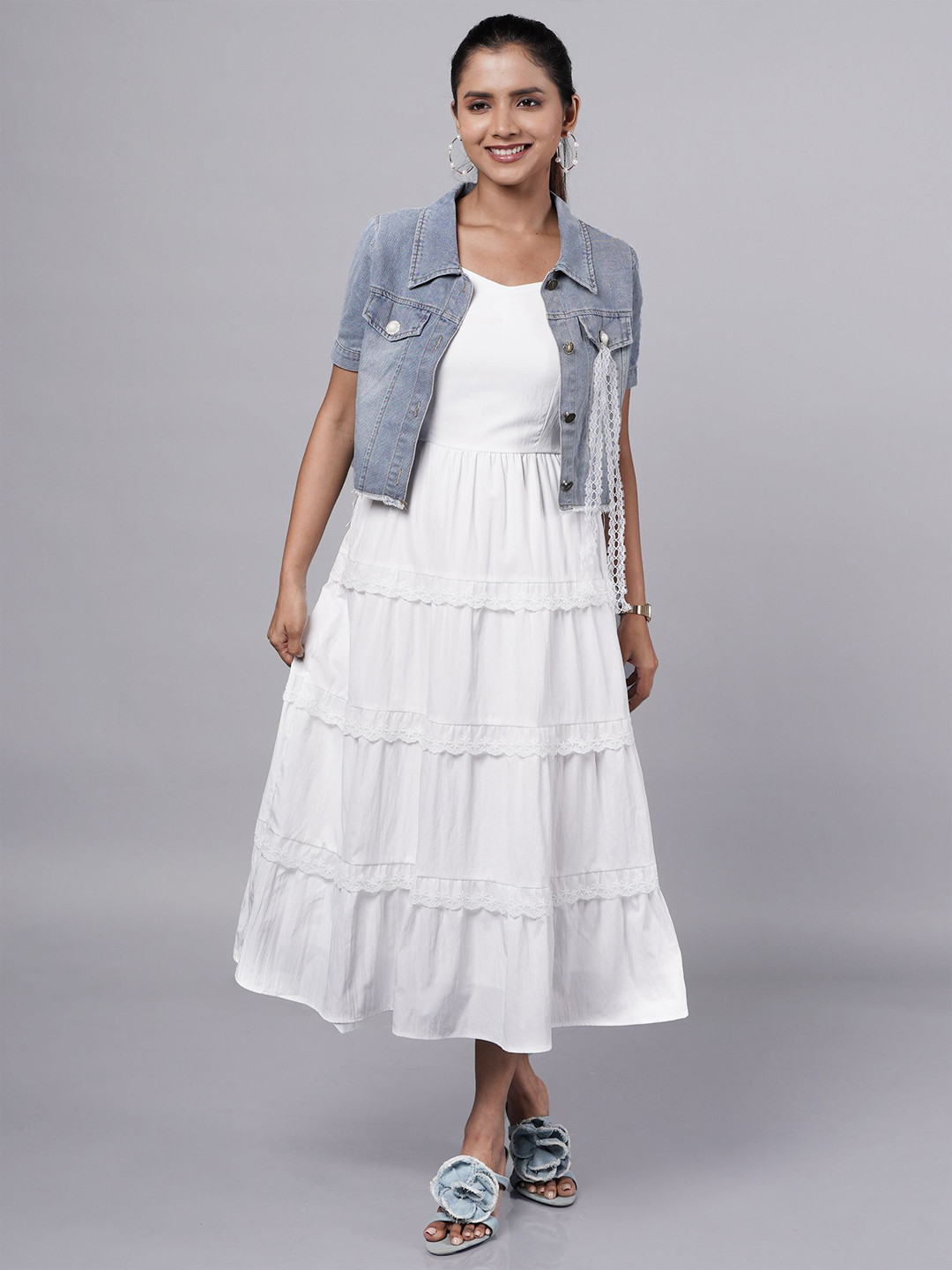 French Theory Women Self Deign Shoulder Straps Tiered A-Line Midi Dress