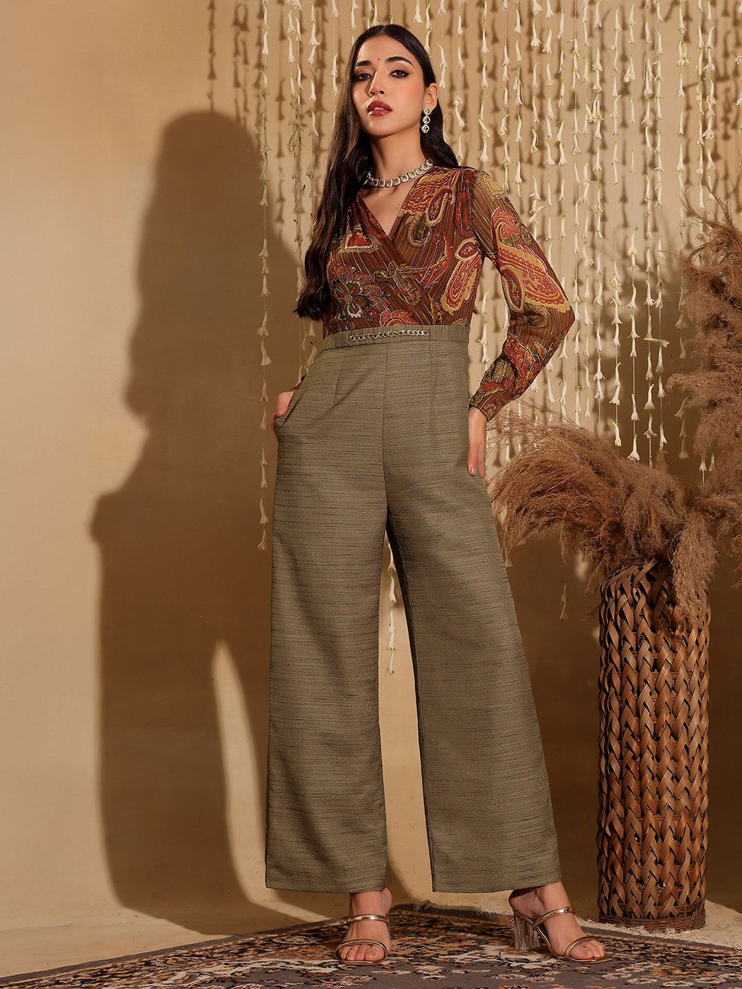 Miss Chase Womens V-Neck Straight Leg Wrap Ethnic Silk Jumpsuit