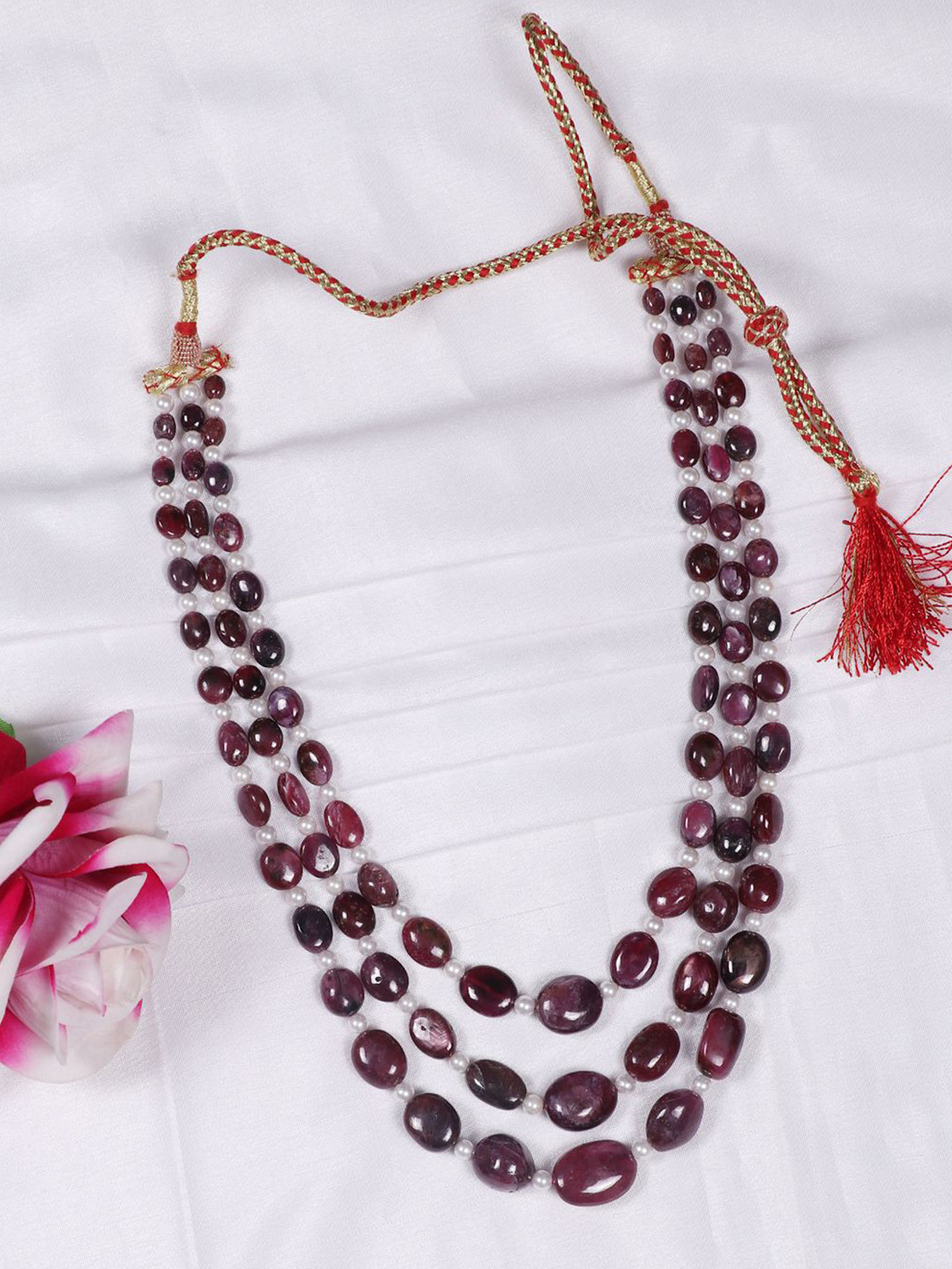 Raj Gems Ruby & Pearls Gemstone Beaded Layered Necklace