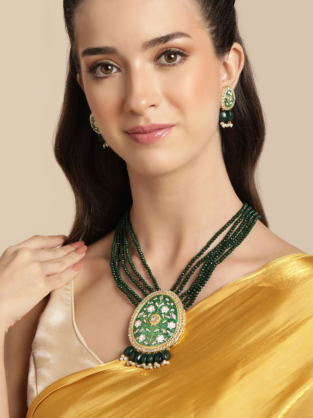 Anouk Green Beaded Meenakari Pendent Necklace Earring Set