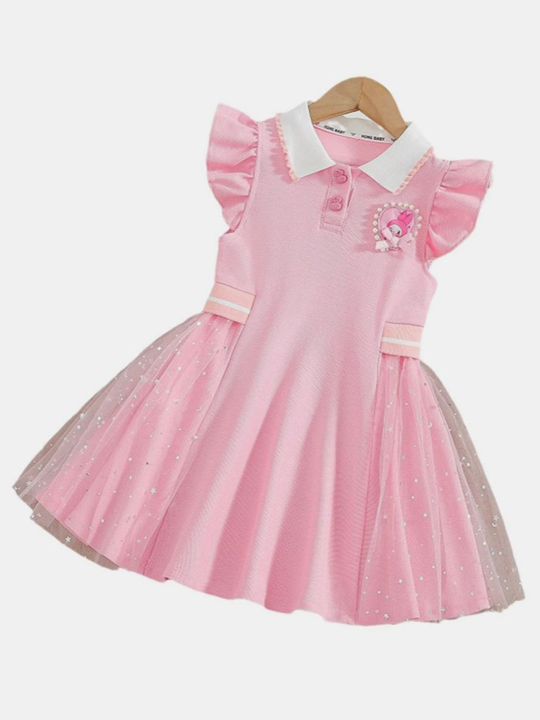 YK Girls Shirt Coller  Embellished Cap Sleeve Fit & Flare Dress