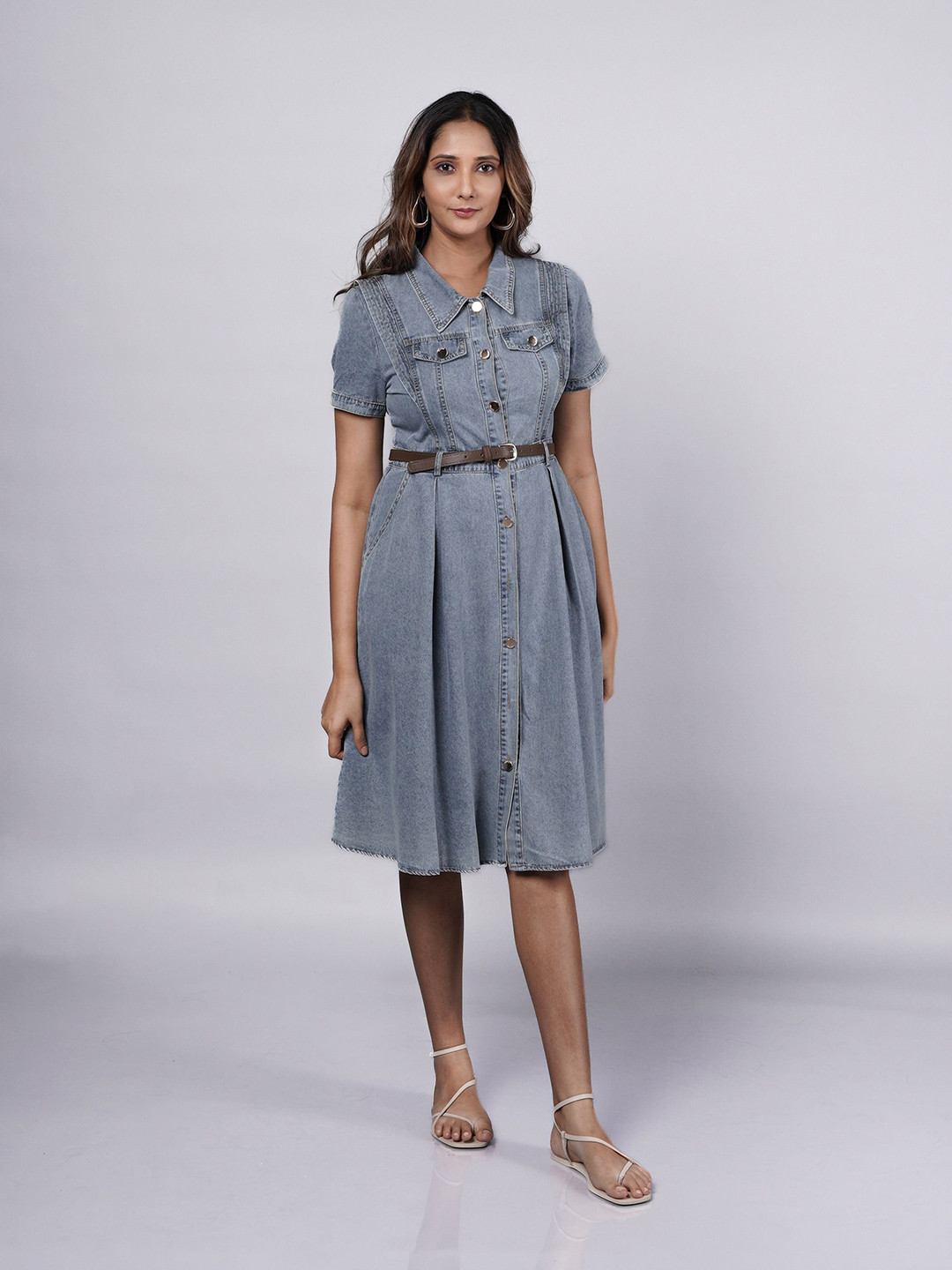 French Theory Women Shirt Collar Belted Cotton Shirt Knee Length Dress