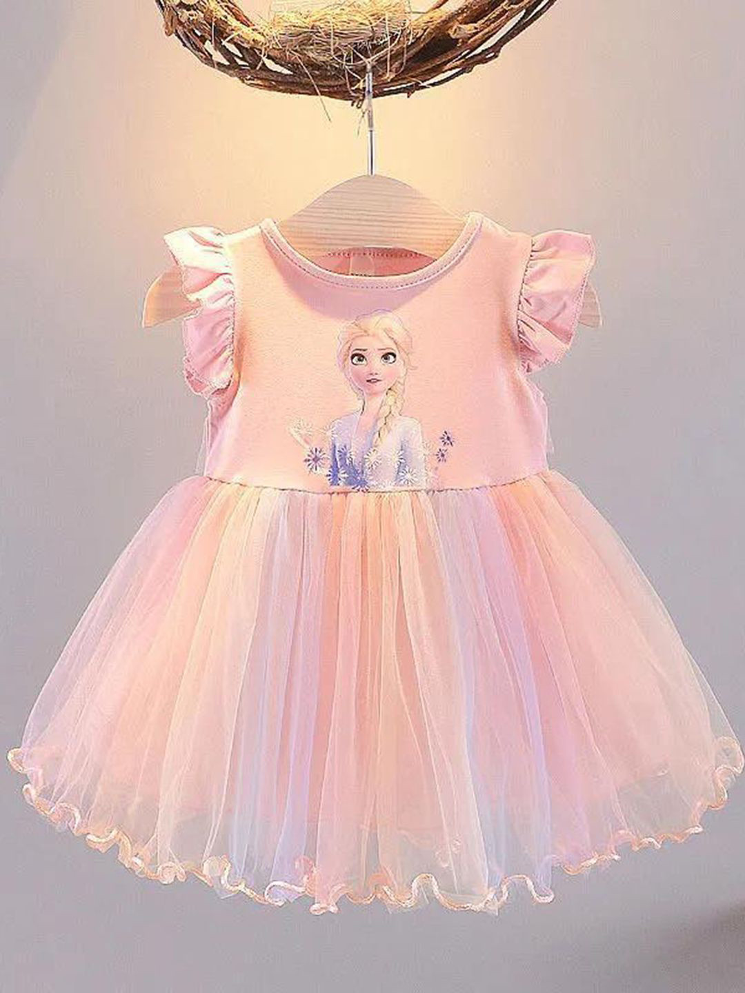 YK Girl Elsa Printed Round Neck Flutter Sleeves Fit & Flare Dress