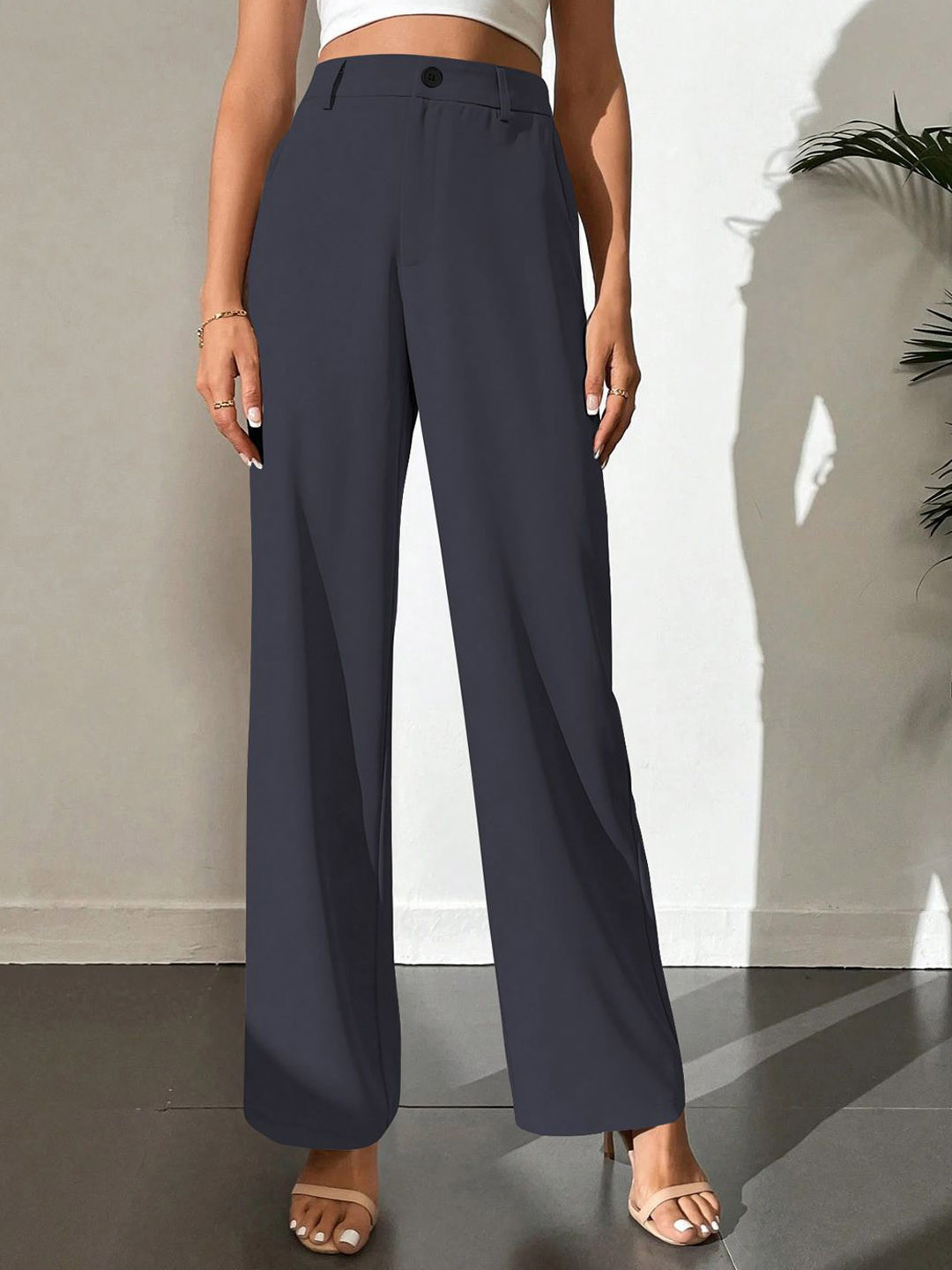 KERI PERRY Women Relaxed Straight Leg Wrinkle Free Regular Fit Mid-Rise Formal Trousers