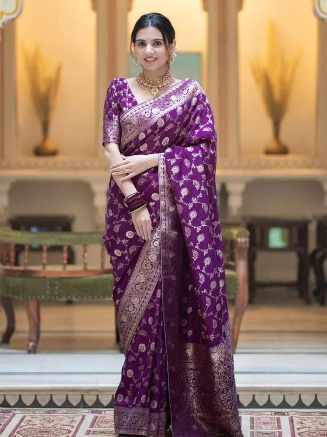 Jinal & Jinal Floral Zari Art Silk Banarasi Saree