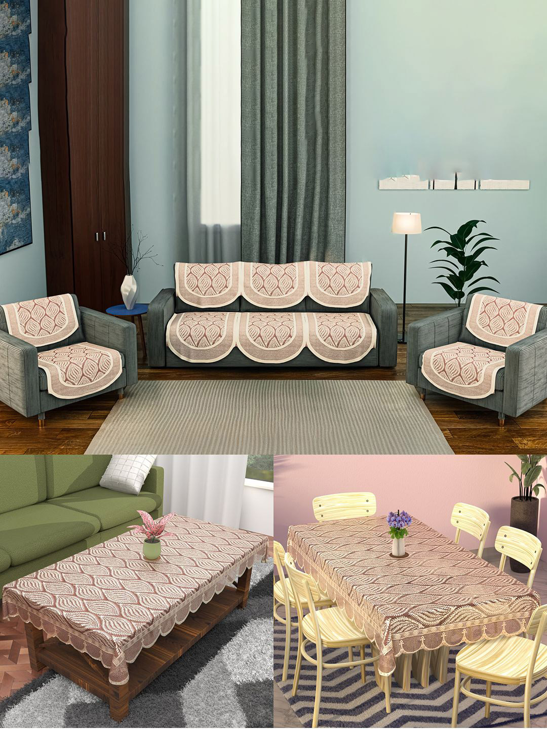 Kuber Industries Maroon 12 Pieces Self Design Cotton Sofa Covers & Dining Table Covers