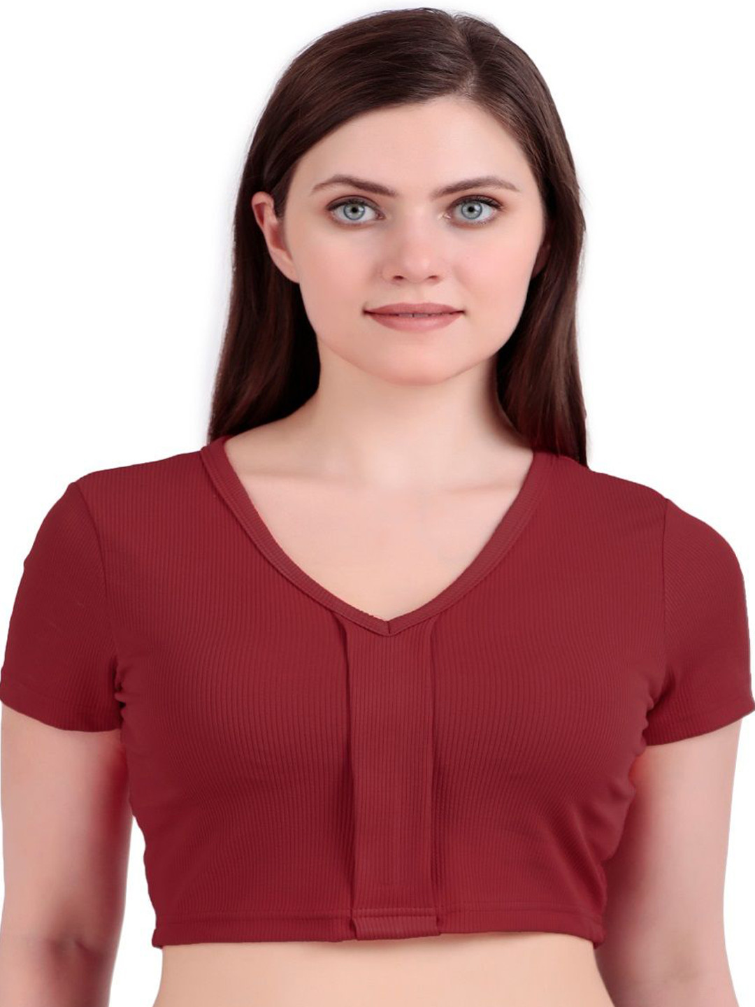 PRIME LOVE Women Ribbed V-neck Blouson Crop Top