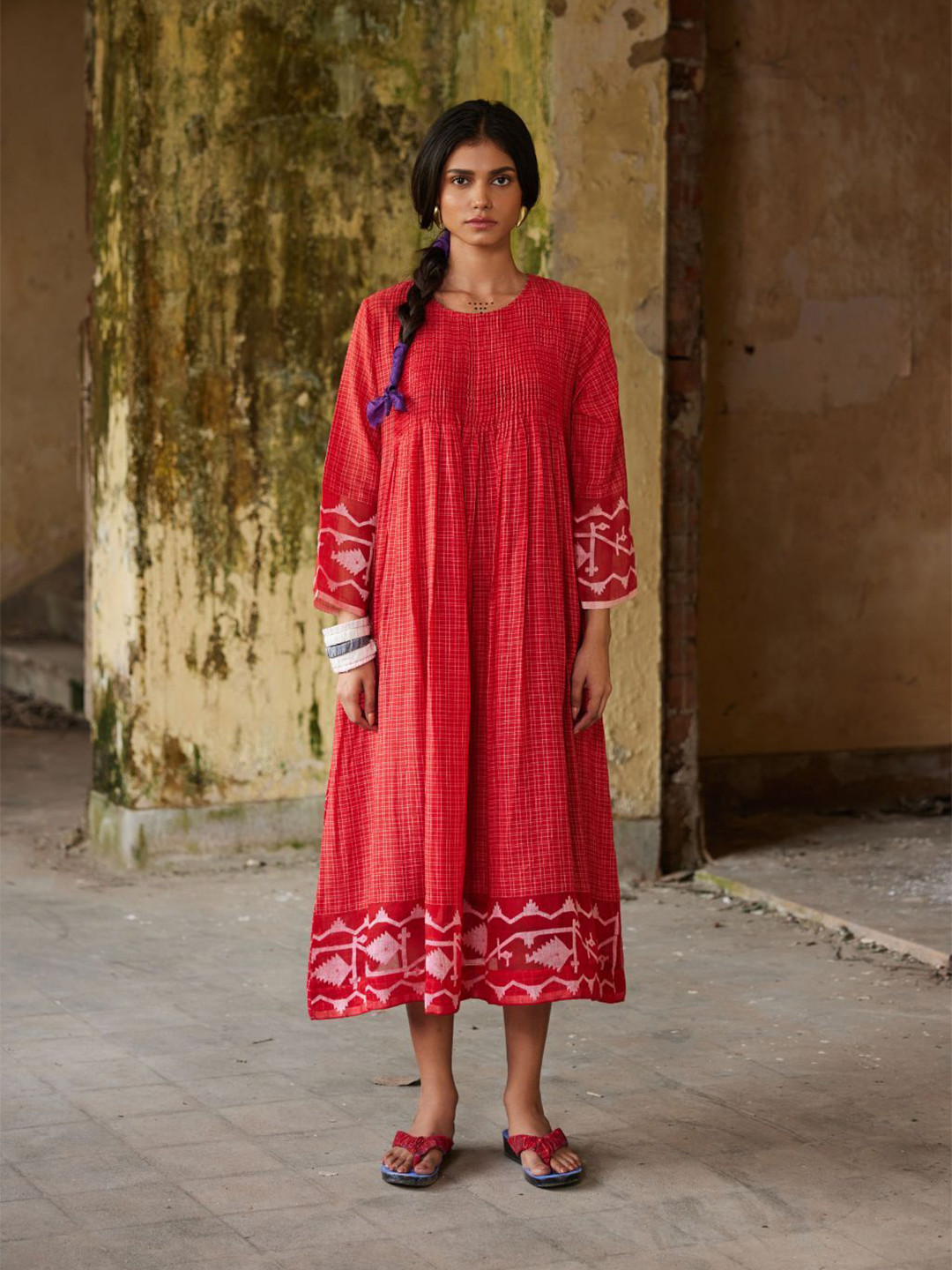 Sarron Women Solid Checked A-Line Long Sleeves Midi Dress