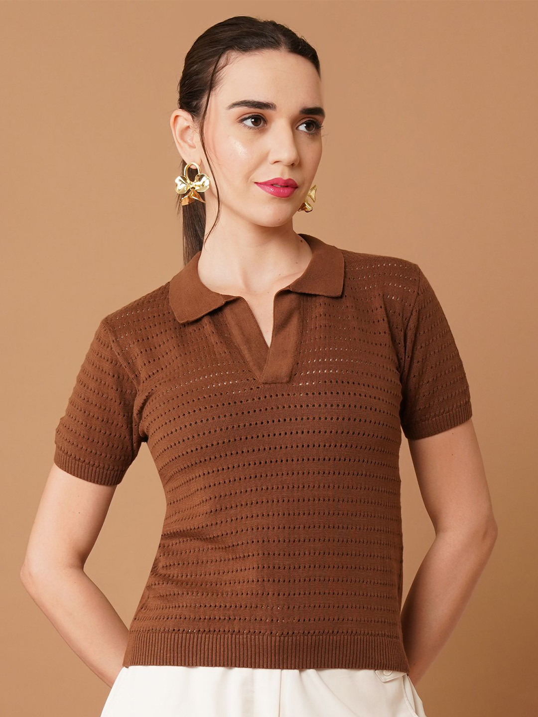 Chemistry Women Shirt Collar Self Design Cotton Top