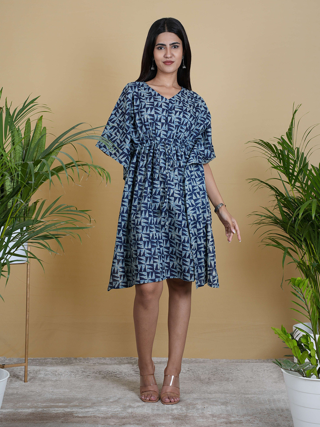 Ruha Chevron Printed Tie-Ups Kimono Sleeves Cotton Kaftan Dress