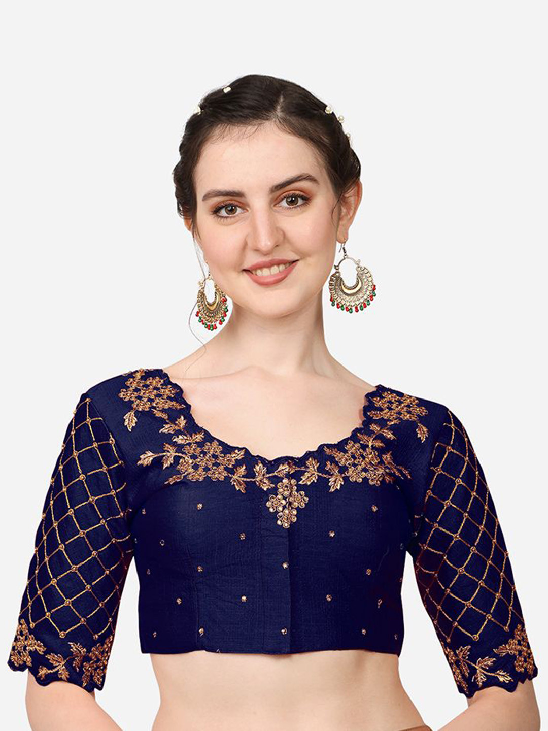 HERE&NOW Phantom Silk Readymade Embroidered Embellished Round Neck Blouse