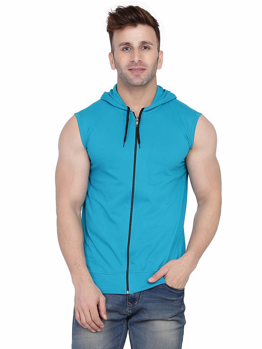Blisstone Men Solid Hooded Raw Edge Sleeveless Slim Fit T-shirt