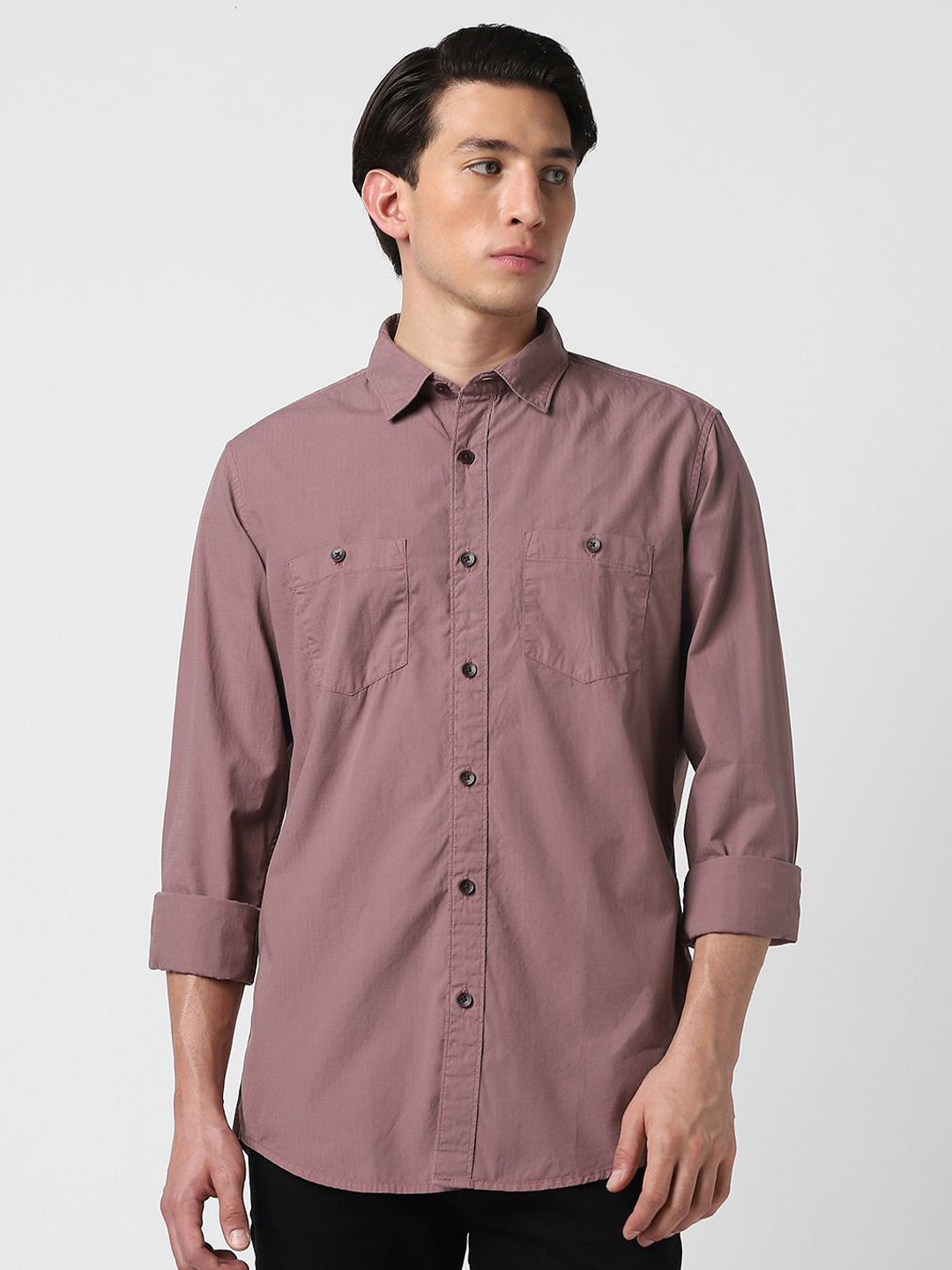 VAN HEUSEN DENIM LABS Textured Box Pockets Spread Collar Roll-Up Sleeves Regular Fit Shirt