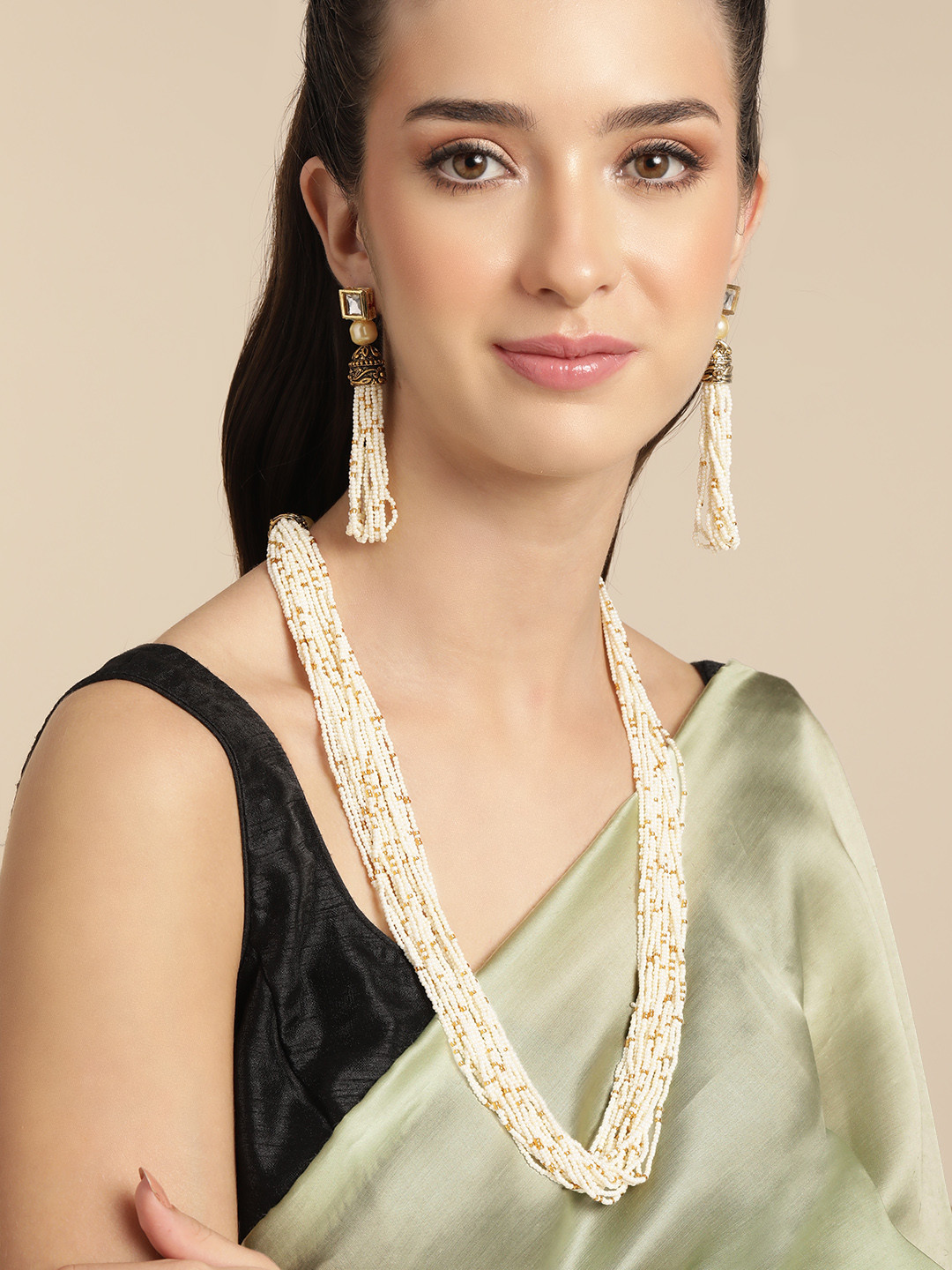 Anouk White Layered Necklace Earring Set