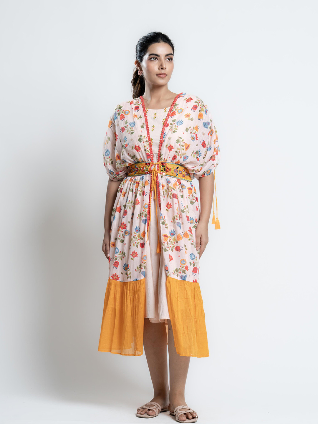 WEAVING CULT Women Floral Printed Round Neck Embroidery Fit & Flare Dress with Shrug