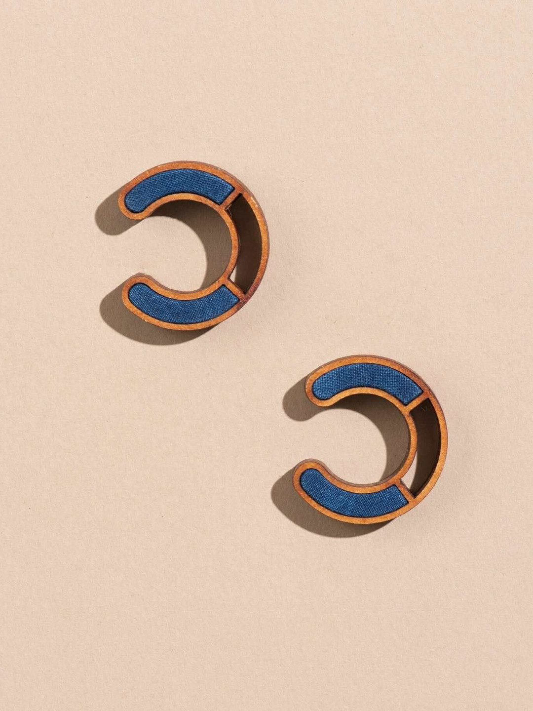 WHE Upcycled Fabric And Repurposed Wood Crescent Shape Half-Hoop Earrings