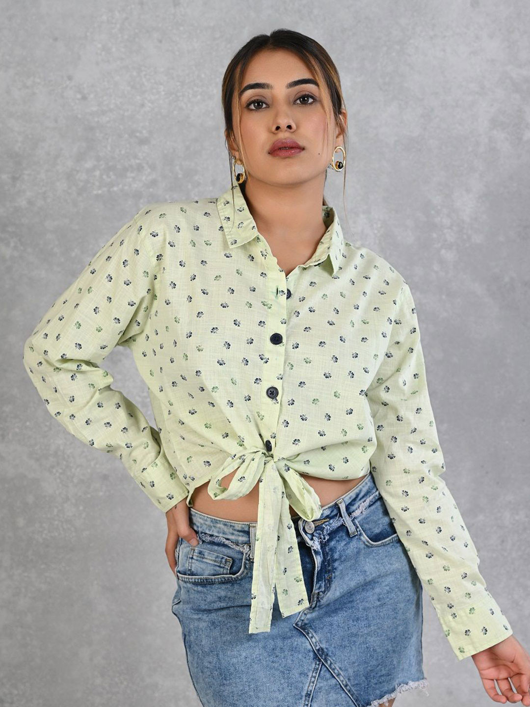 AC&F Women Polka Dot Print Shirt Style Full Sleeve Crop Top