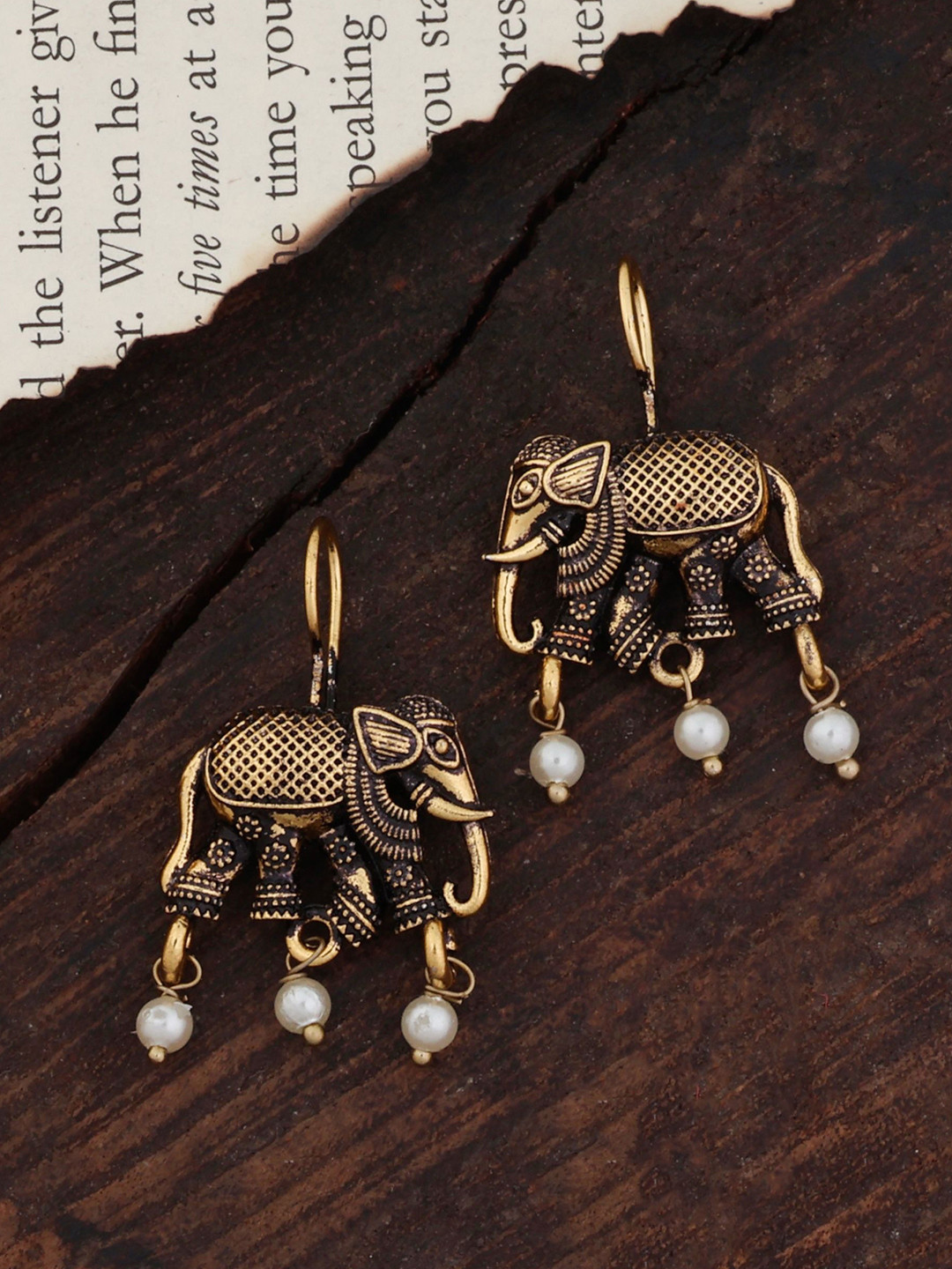 SHONA'S STYLE Brass-Plated Pearls Beaded Elephant Shaped Oxidised Drop Earrings