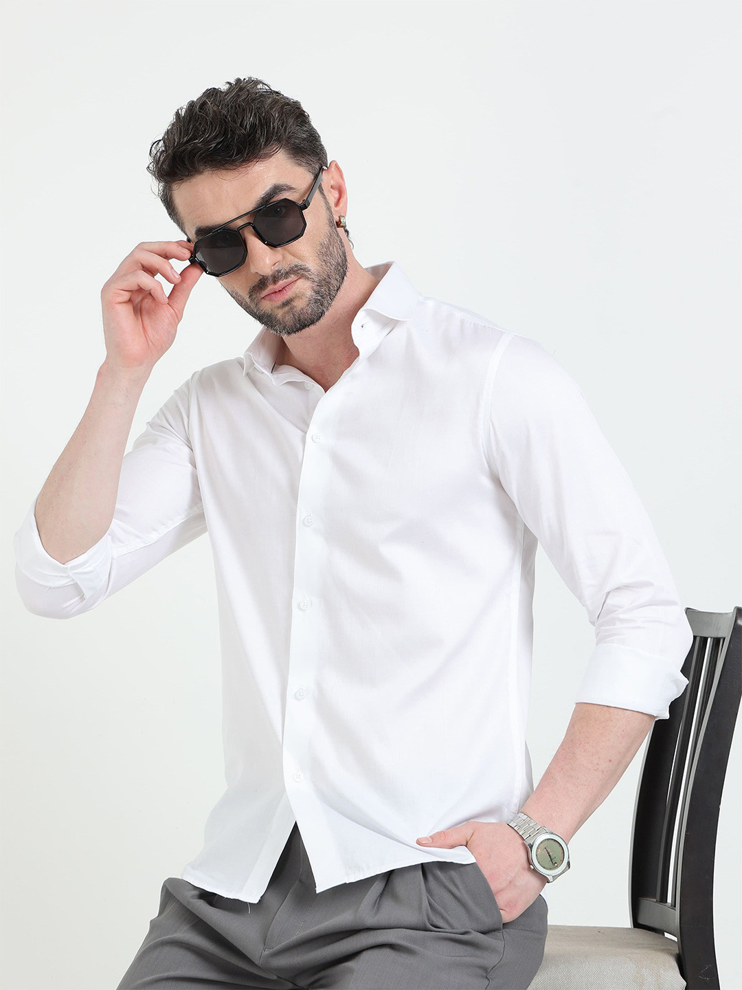 MARTIN SMITH Melange Spread Collar Comfort Satin Shirt