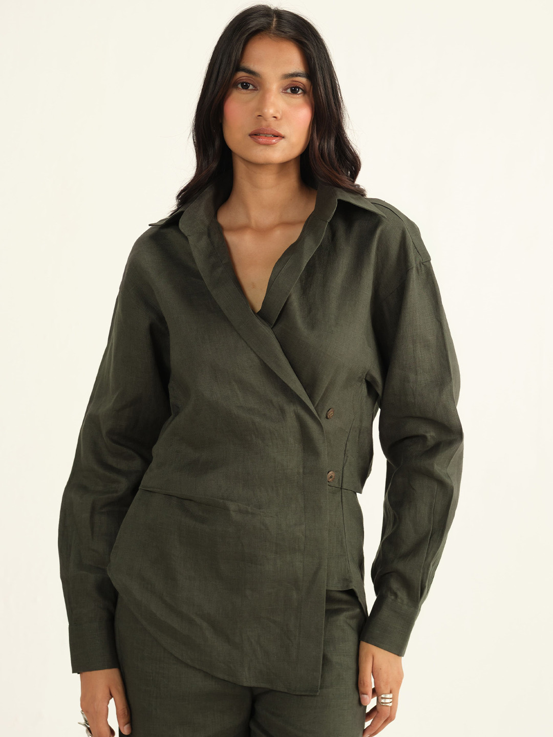 Shop Staple Women Dark Green Regular Fit Spread Collar Casual Shirt