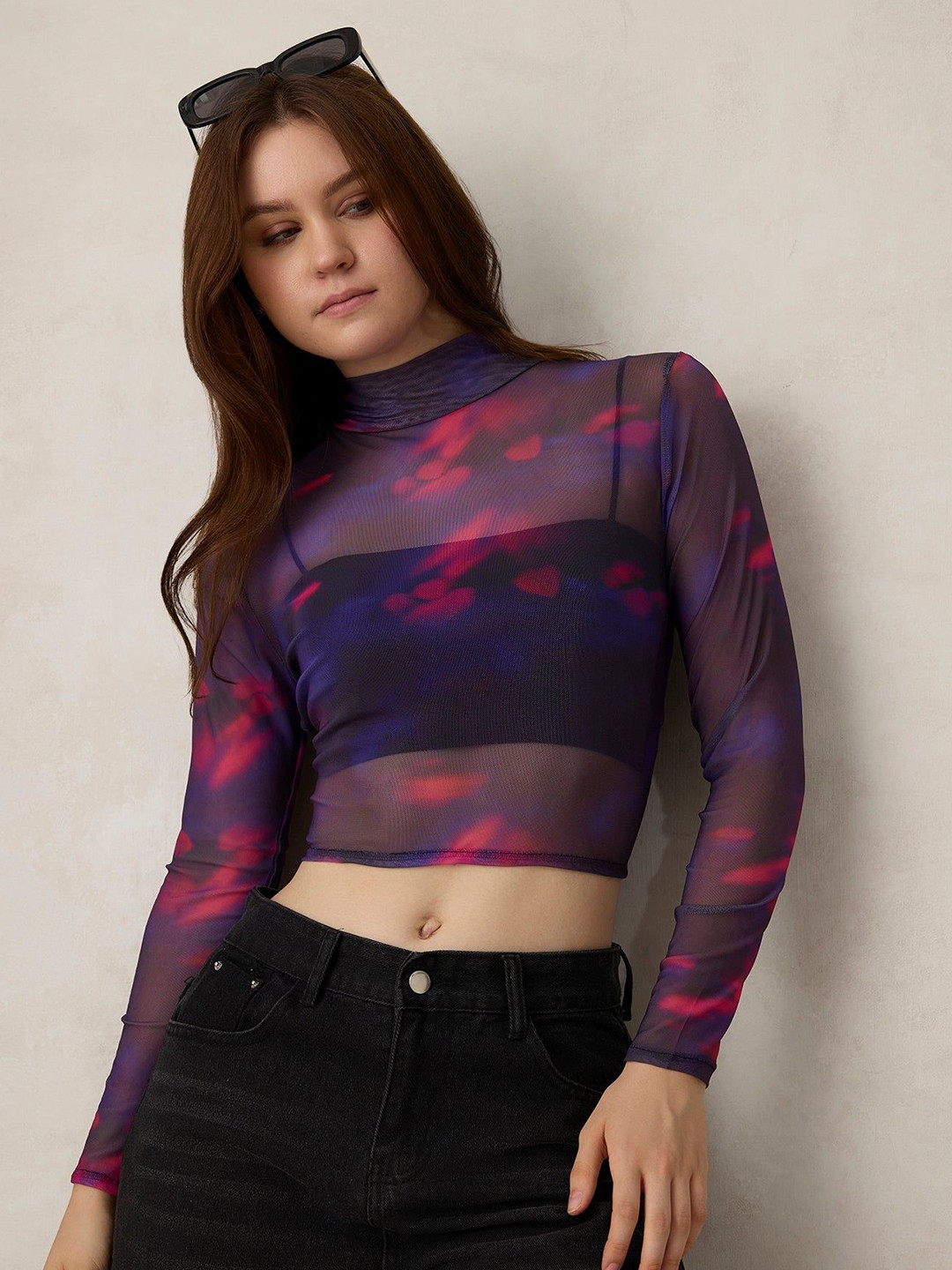 Outzidr Purple Printed High Neck Mesh Top