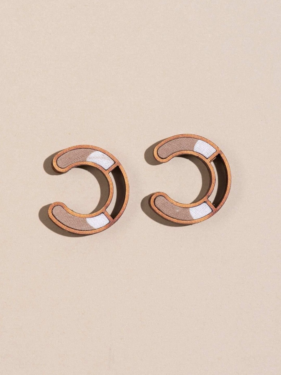 WHE Upcycled Fabric And Repurposed Wooden Crescent Shape Half Hoop Earrings