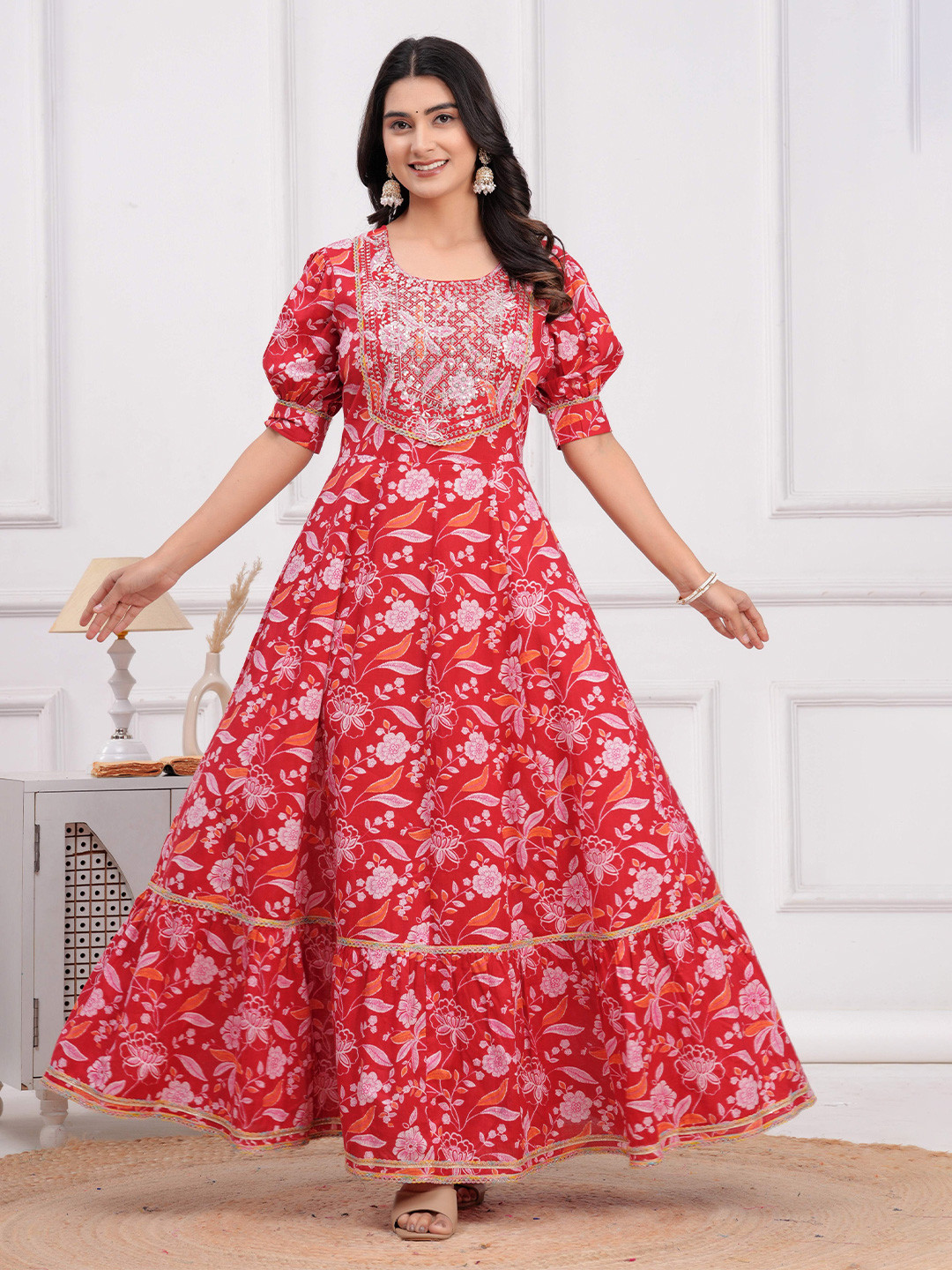 Gf Gul Fashion Women Floral Embroidered Puff Sleeves Fit and Flare Maxi Cotton Dress