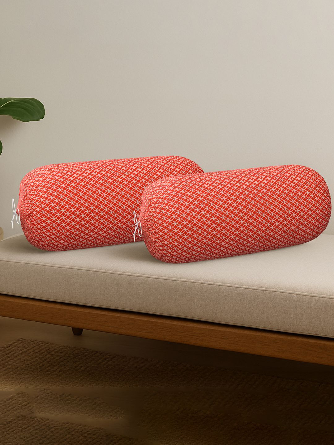 Kuber Industries Set Of 2 Red & White Circle Printed Microfibre Bolster Covers