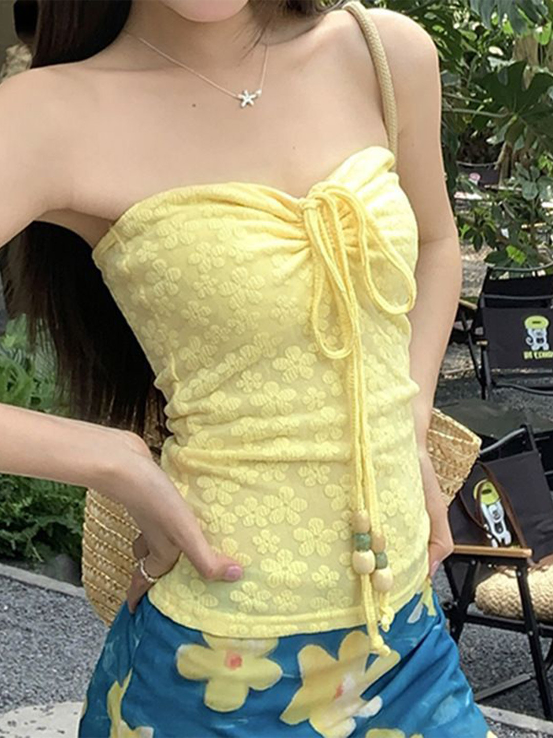 bebe Yellow Floral Lace Strapless Ruched Drawstring Top