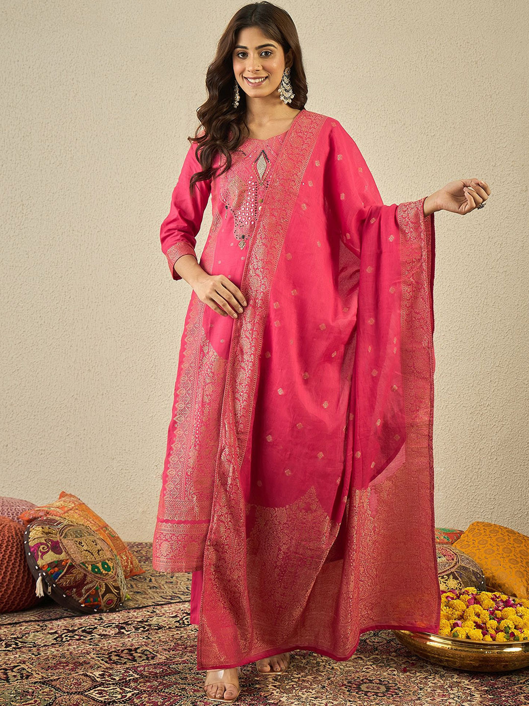 Inddus Women Cotton Jacquard Hand Embroidered Kurta Set with Dupatta