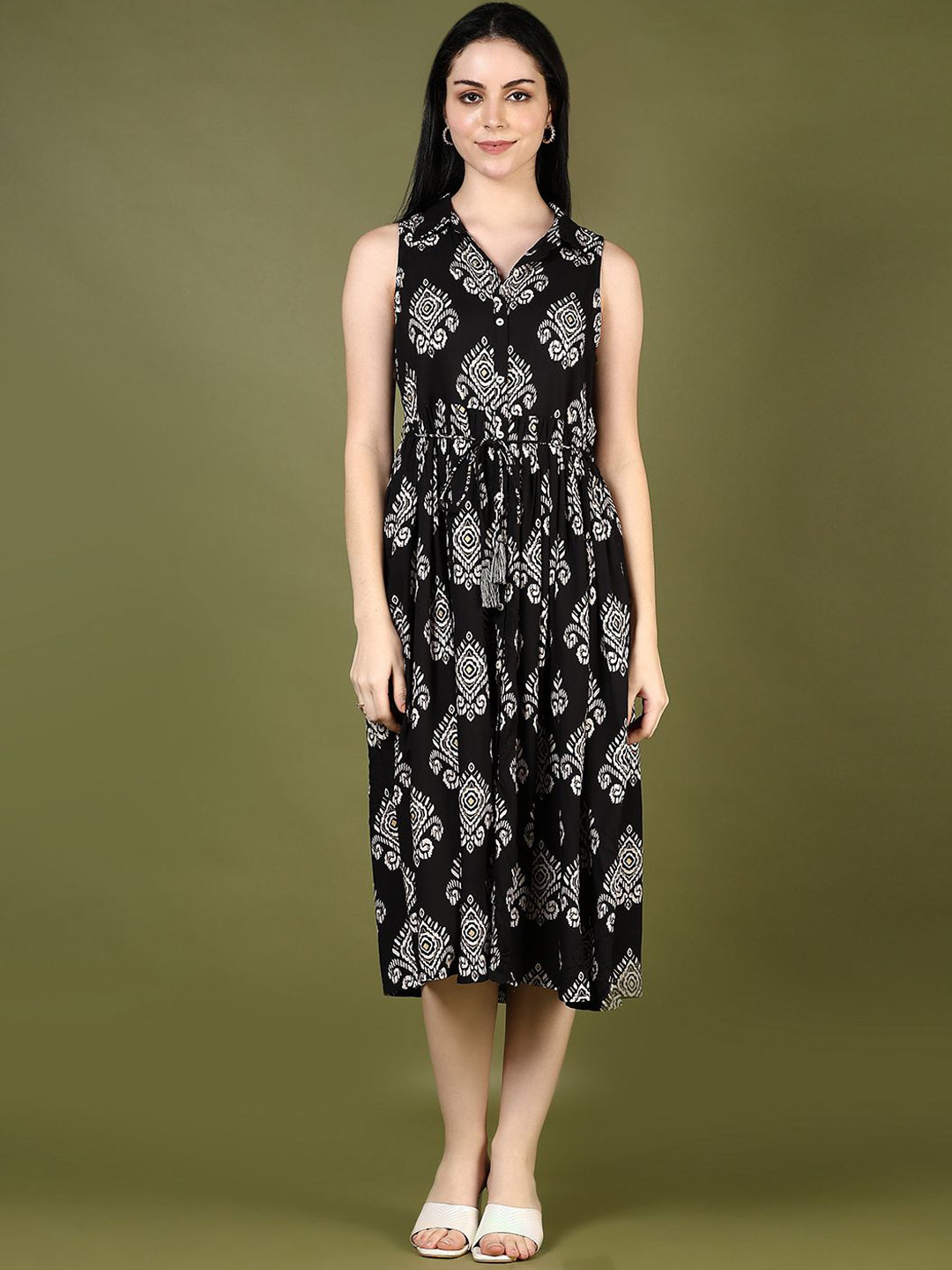 LIMEROAD Ethnic Motifs Printed Shirt Collar Tie-Ups Detail Ethnic Dresses