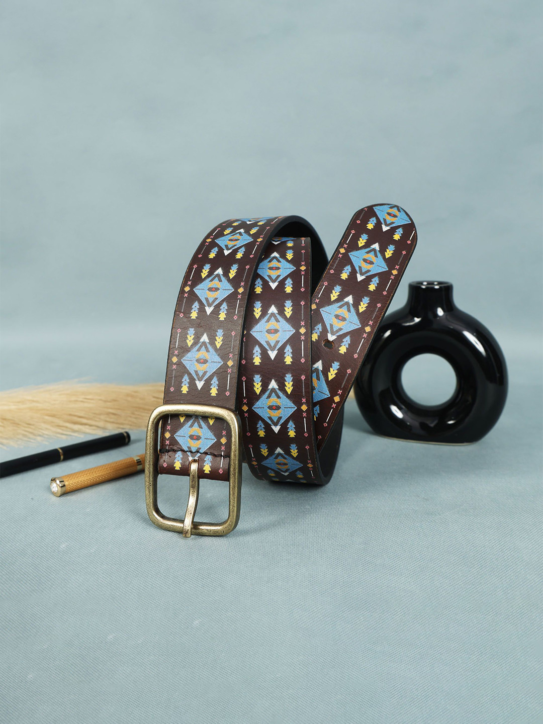 Celtic Unisex Printed Leather Belt Brown with Tang Closure