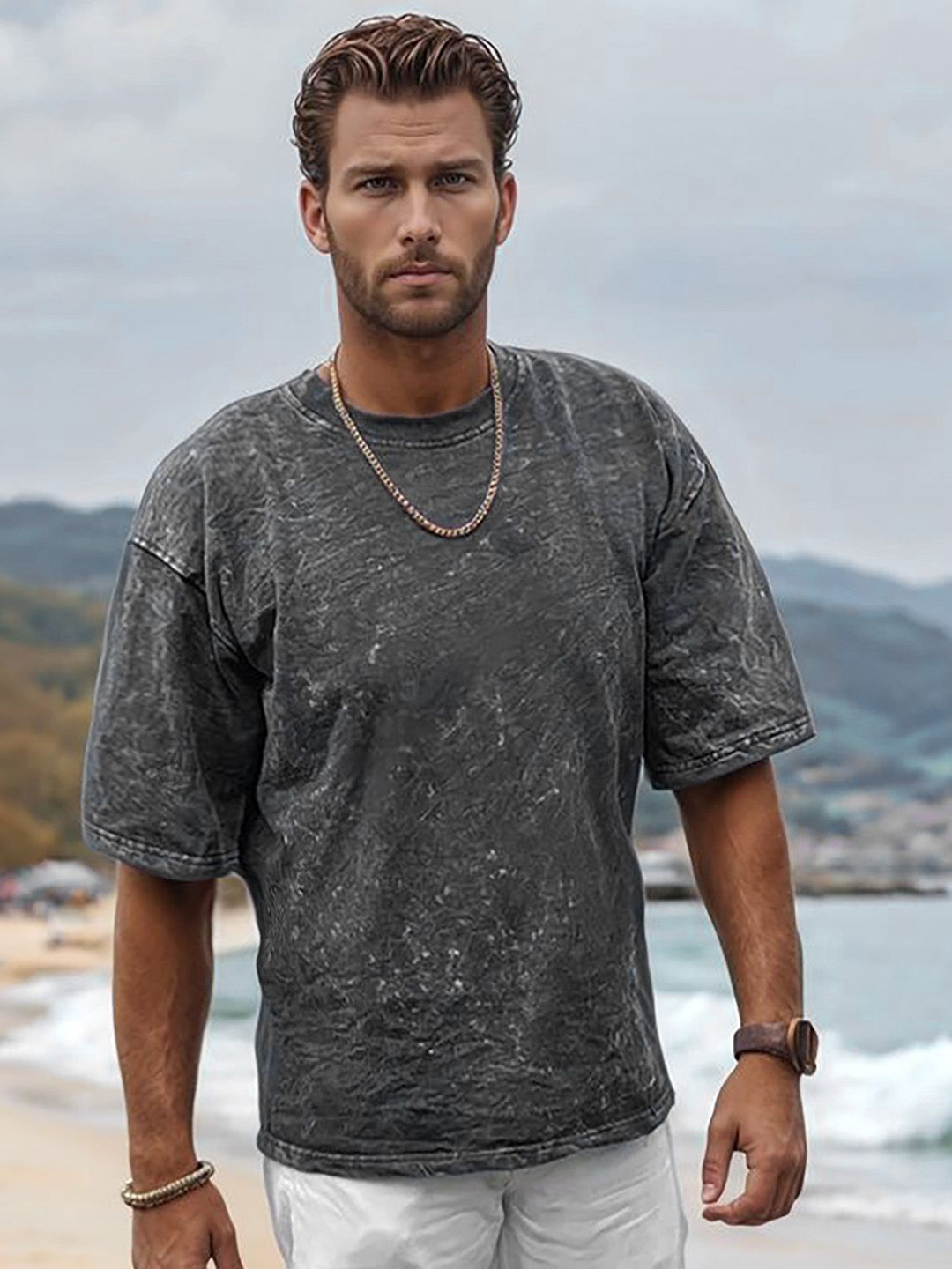 HEAST Men Washed Effect Oversized Cotton T-shirt