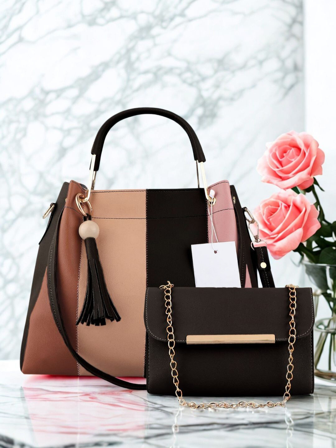 LIKE STYLE Women Pack of 2 Colourblocked Tasselled Structured Shoulder Bag