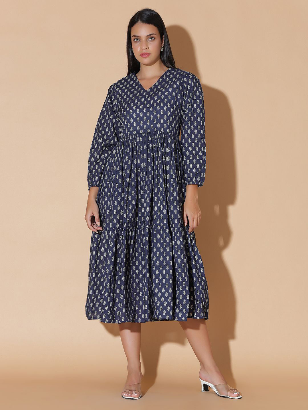 MOSHI Ethnic Motifs Print Puff Sleeve Tiered Fit & Flare Midi Dress