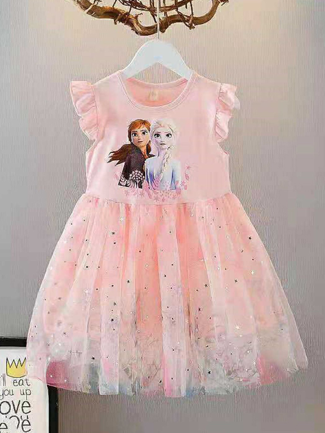 YK Flutter Girls Printed Flutter Sleeves Fit & Flare Dress