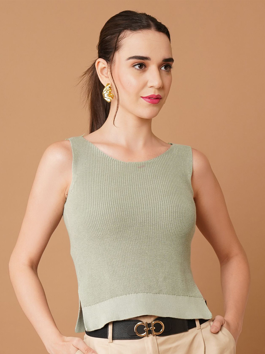 Chemistry Women Cotton Sleeveless Ribbed Fitted Crop Top