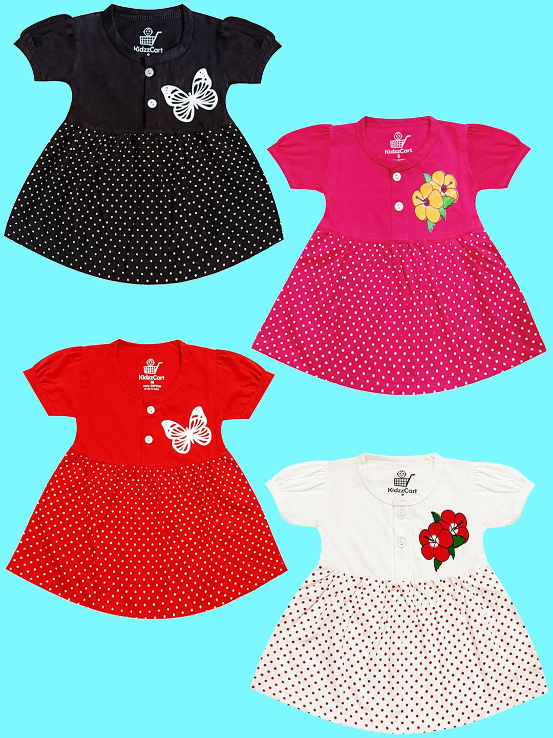 KidzzCart Girls Pack Of 4 Polka Dot Print Fit & Flare Dress