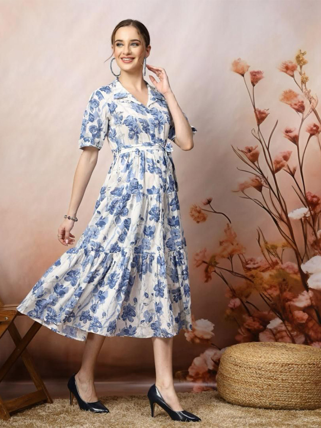 PALSIYA PRESENTS Floral Printed Shirt Collar Tiered Cotton Fit and Flare Dress