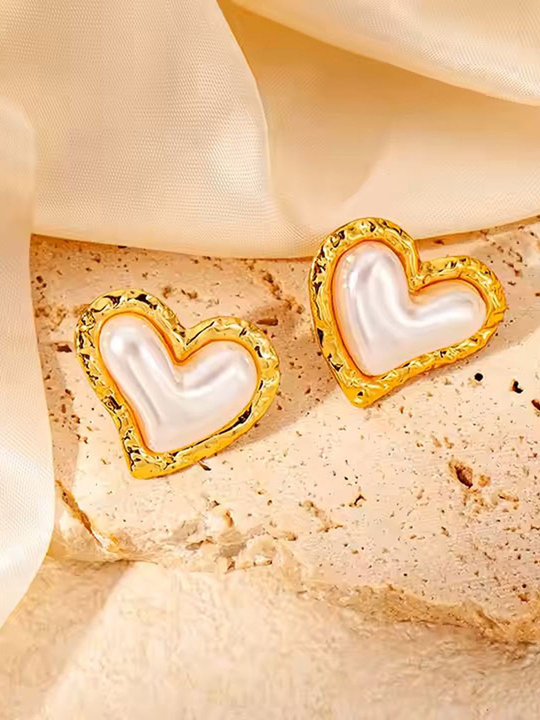 SHARLEEZ Stainless Steel Gold-Plated Pearls Beaded Heart Shaped Studs