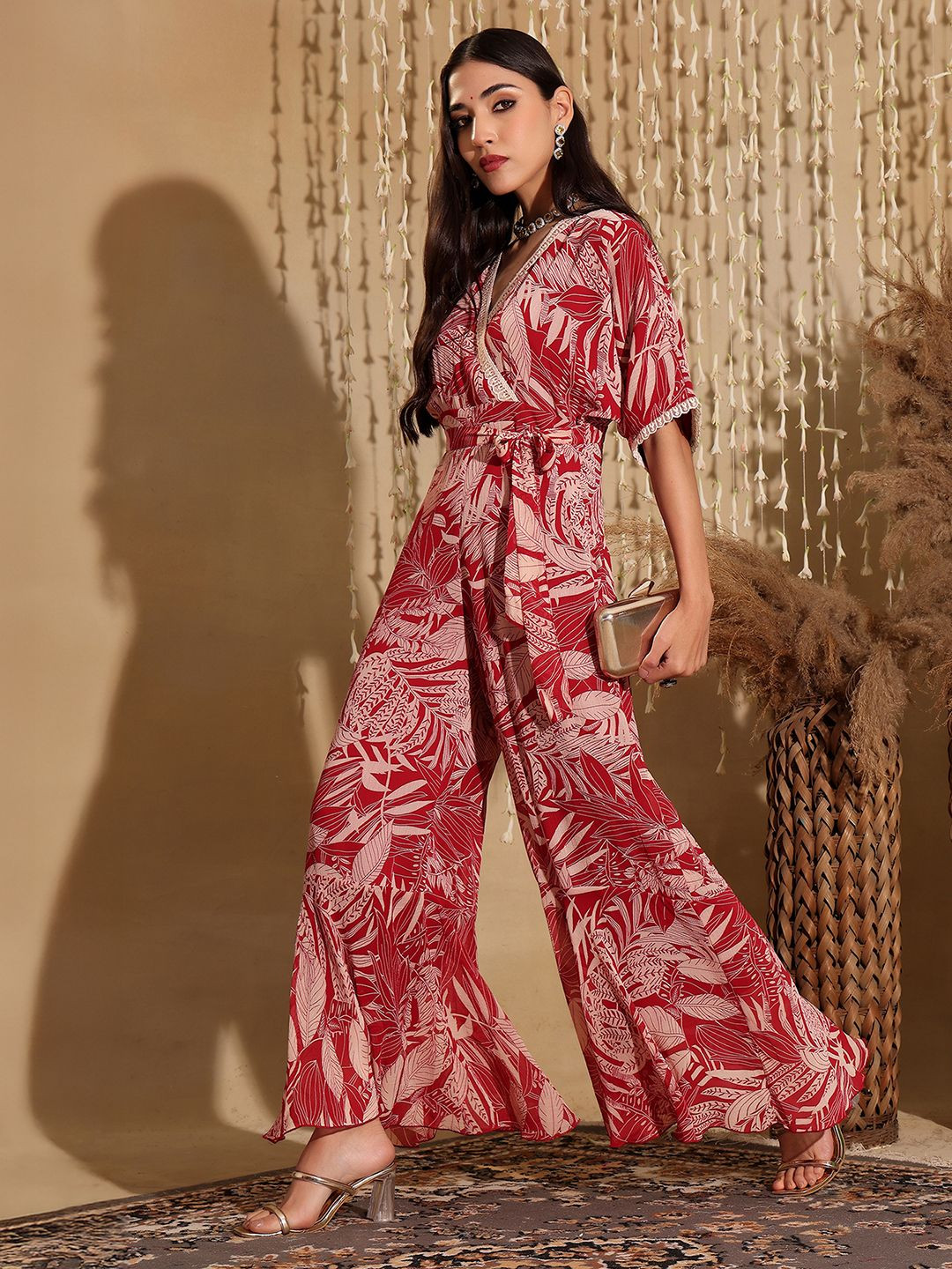 Miss Chase Womens V-Neck Floral Kimono Regular-Length Ethnic Chiffon Jumpsuit