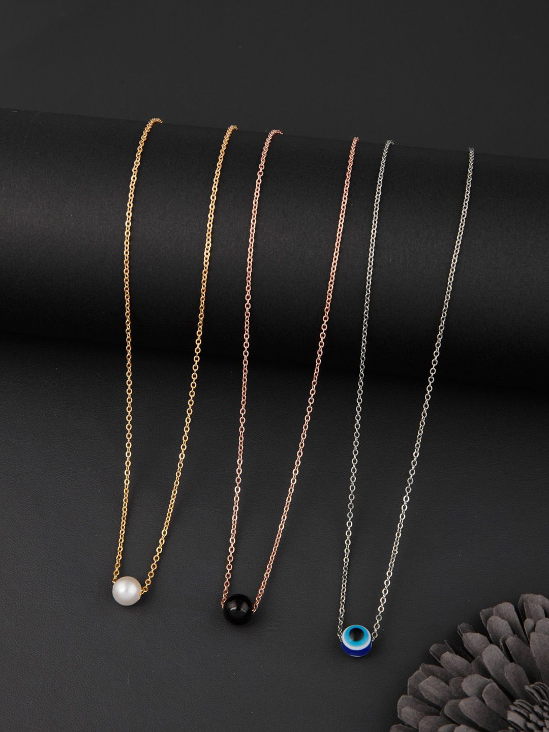 DressBerry Set Of 3 Silver Toned Gold-Plated Artificial Beads Feather Chains