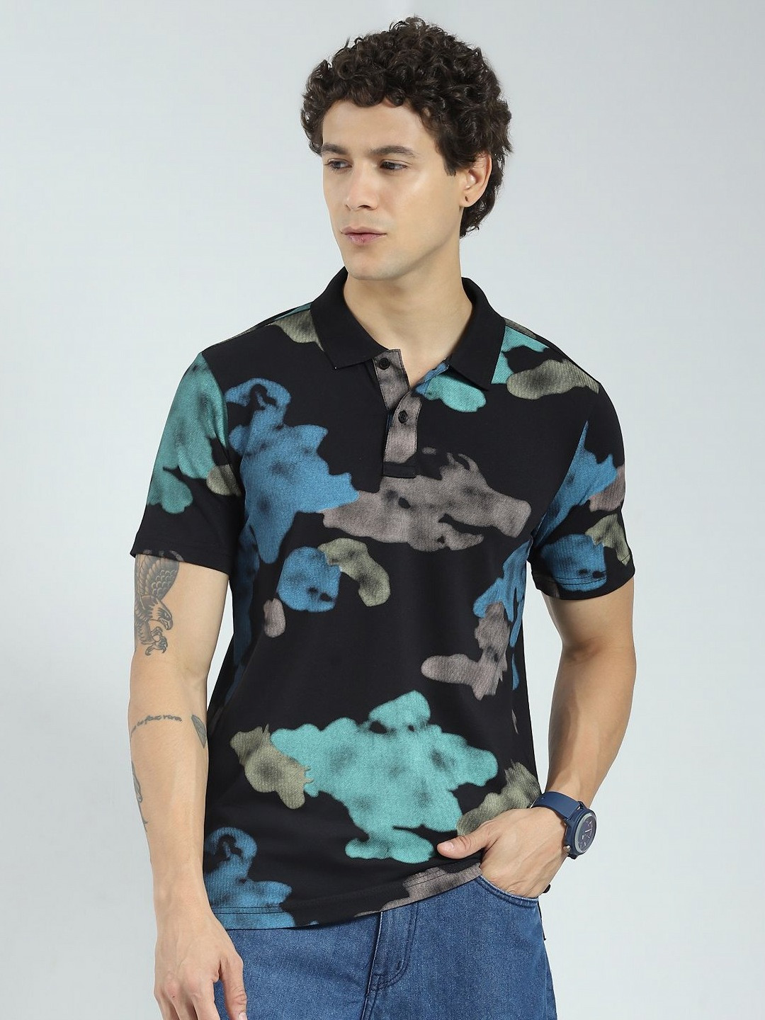 Rock.It Men Tie and Dye Printed Polo Collar Cotton T-shirt