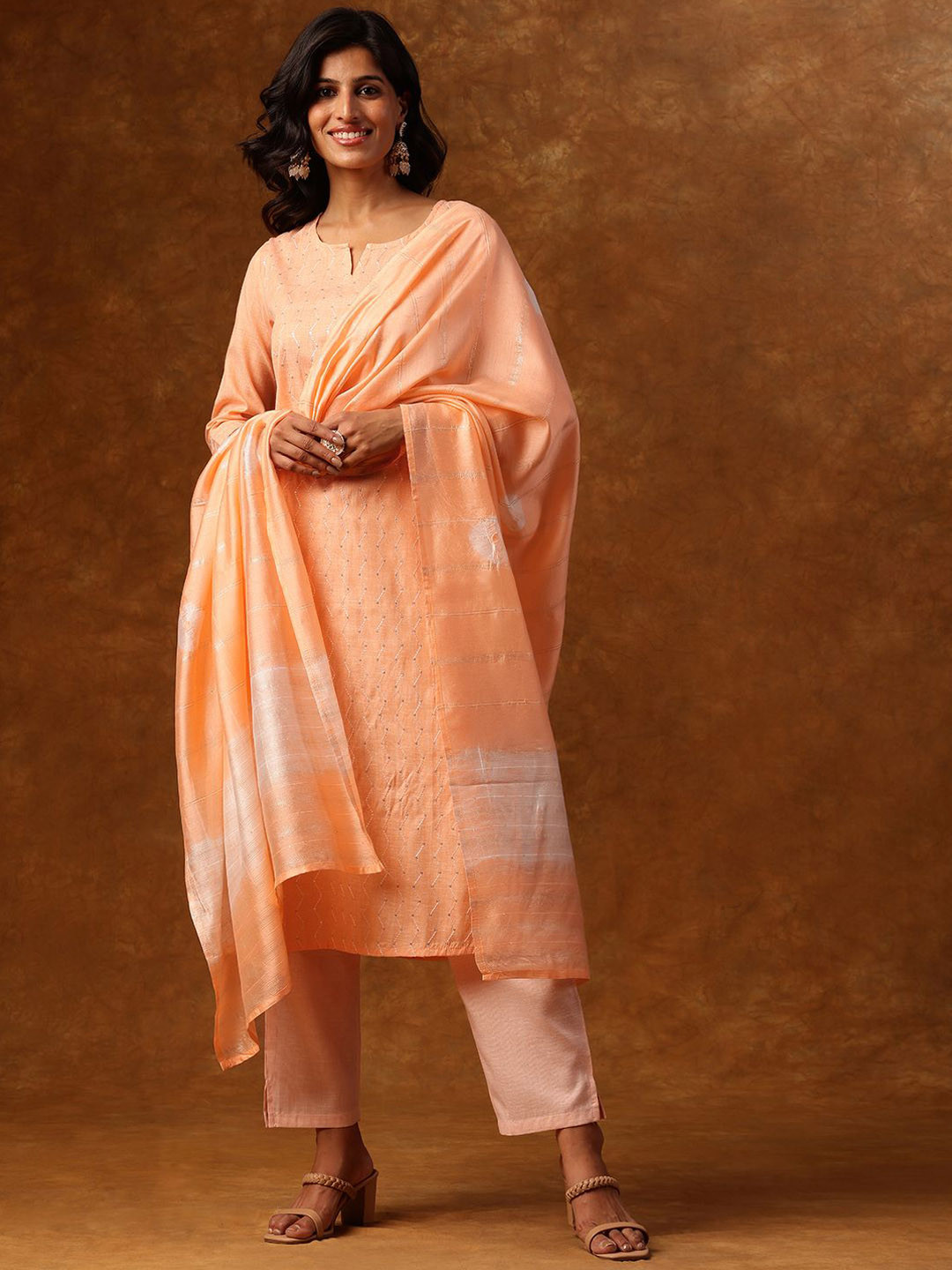 Anouk Women GeometricEmbroidered Regular Sequinned Kurta Trousers With Dupatta