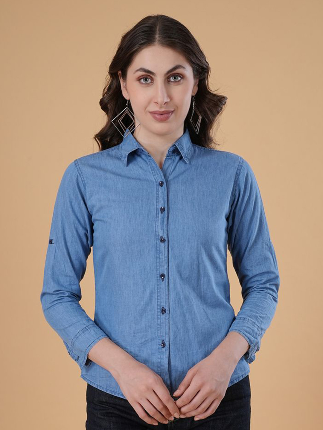 LILY BUDS Women Solid Spread Collar Roll-Up Sleeves Slim Fit Regular Cotton Casual Shirt